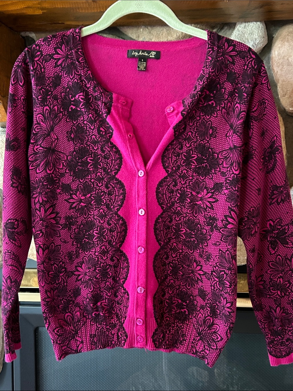 Top Knits Women’s Magenta Floral Scalloped Cardigan Sweater, Size S